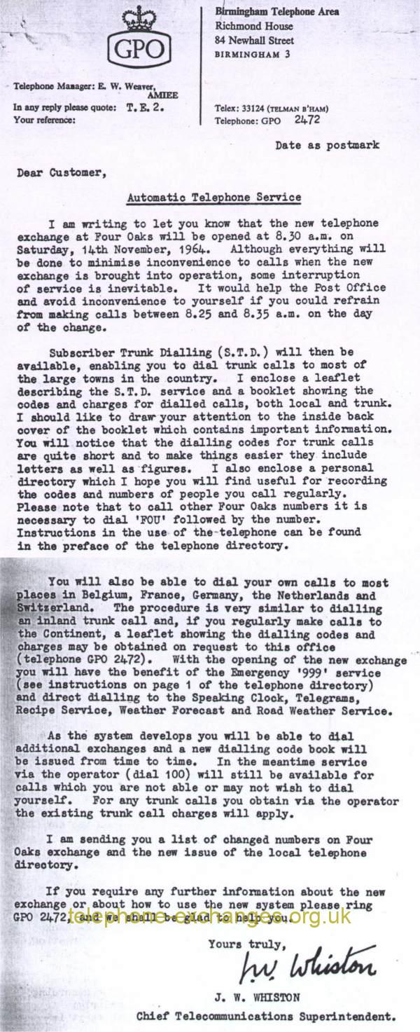 Four Oaks New TE Letter 1964